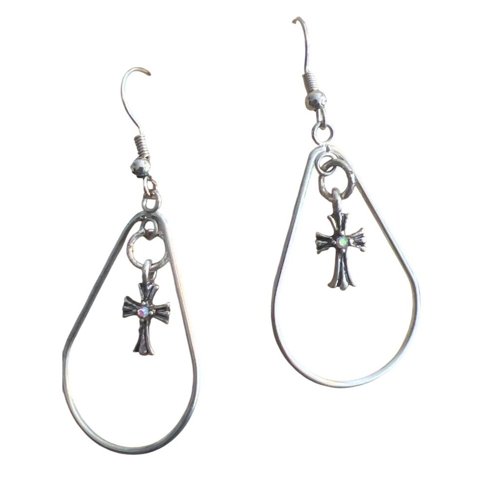 Vintage Silver Tone Dangle Drop Earrings Cross Aurora Borealis Hook Estate 2.25"